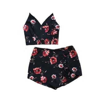 3/$30 Floral two piece set romper skort black
